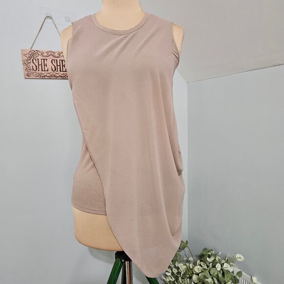 Lisa Rinna Twofer Taupe Asymmetric Chiffon Overlay Jersey Knit Tank Top - Picture 10 of 10